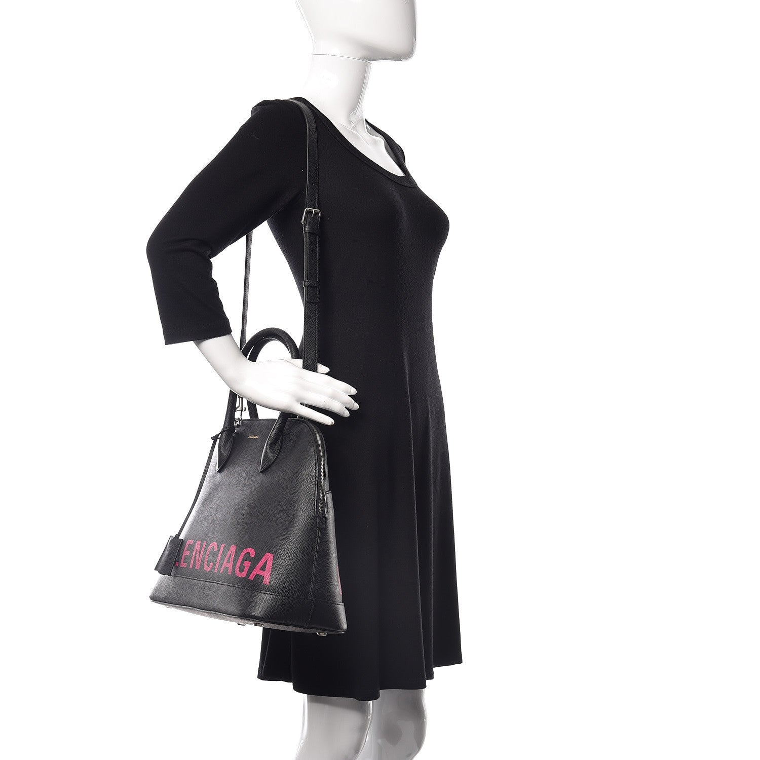 Balenciaga Signature Grained Calfskin Logo M Ville Top Handle Bag Black Rose Shocking 2 of 15