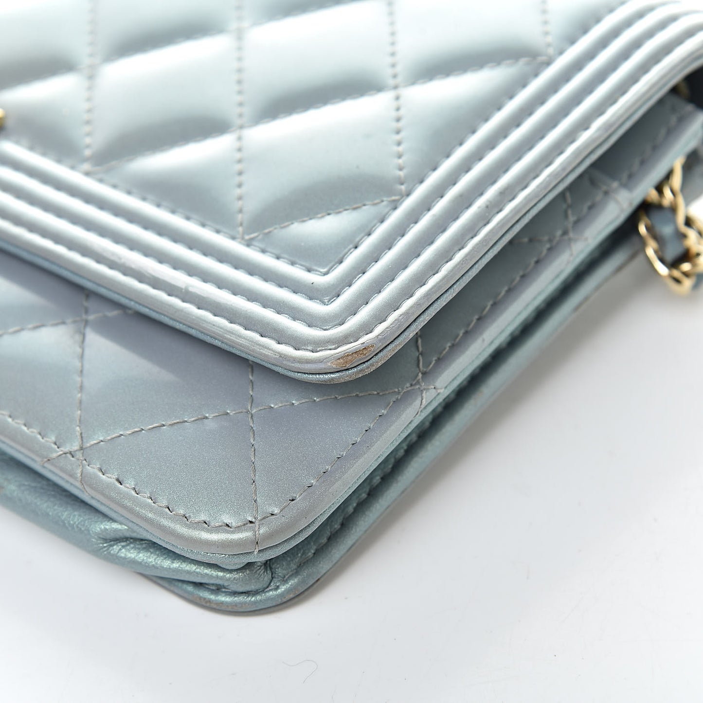 Metallic Patent Calfskin Quilted Boy Wallet on Chain WOC Light Blue