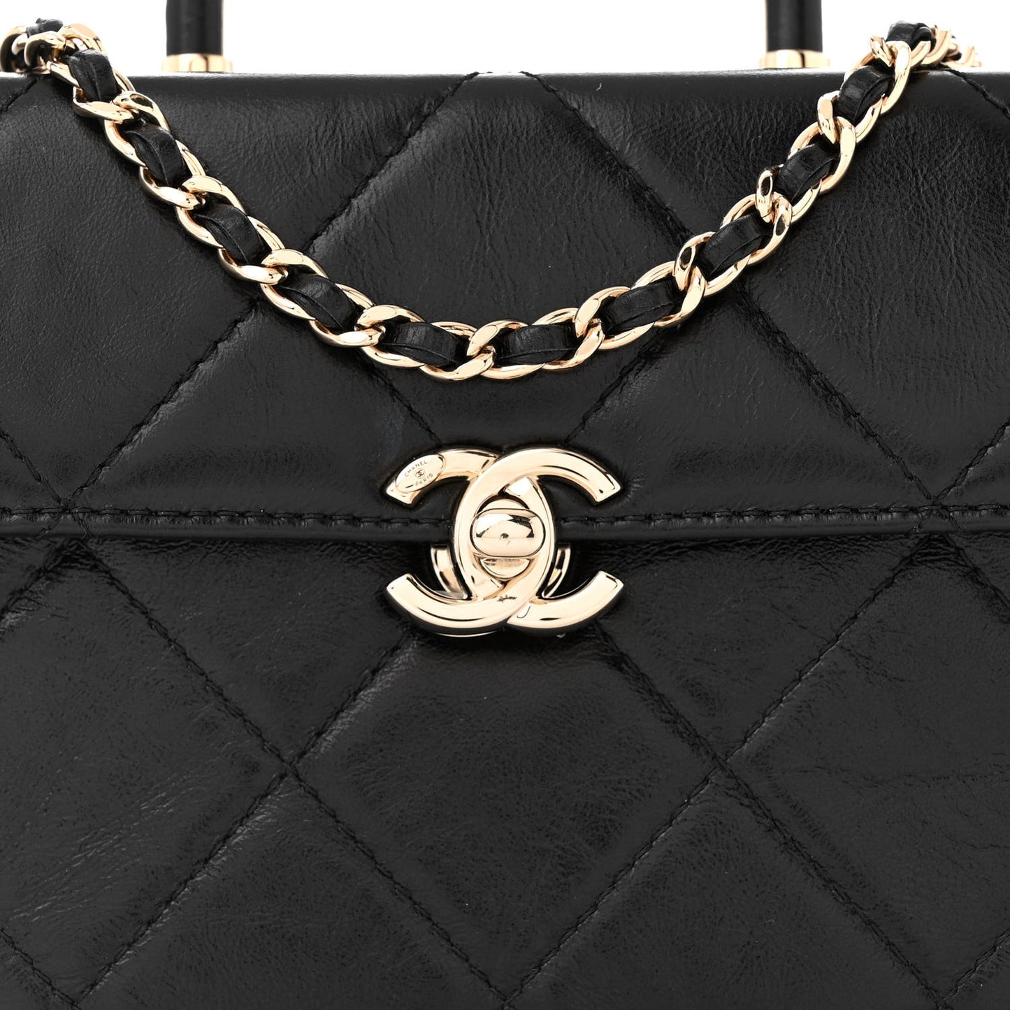 Shiny Calfskin Quilted Small CC Top Handle Box Bag Black