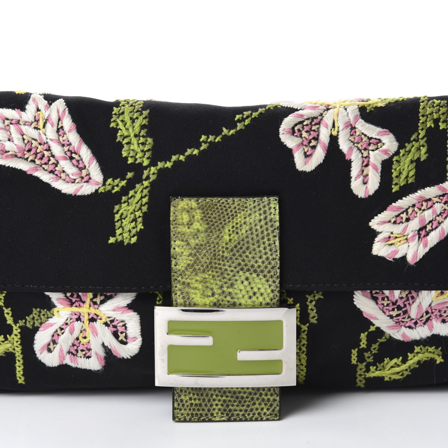 Fendi Canvas Lizard Embroidered Flower Baguette Black Multicolor 12 of 12