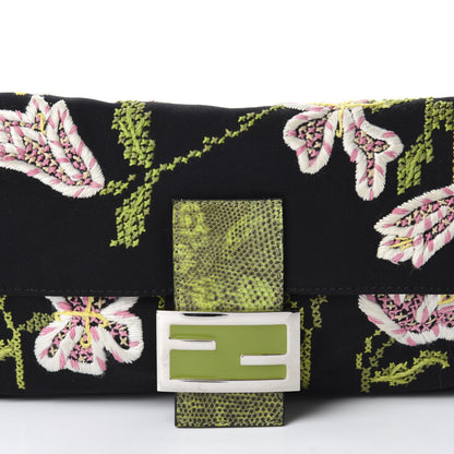 Fendi Canvas Lizard Embroidered Flower Baguette Black Multicolor 12 of 12