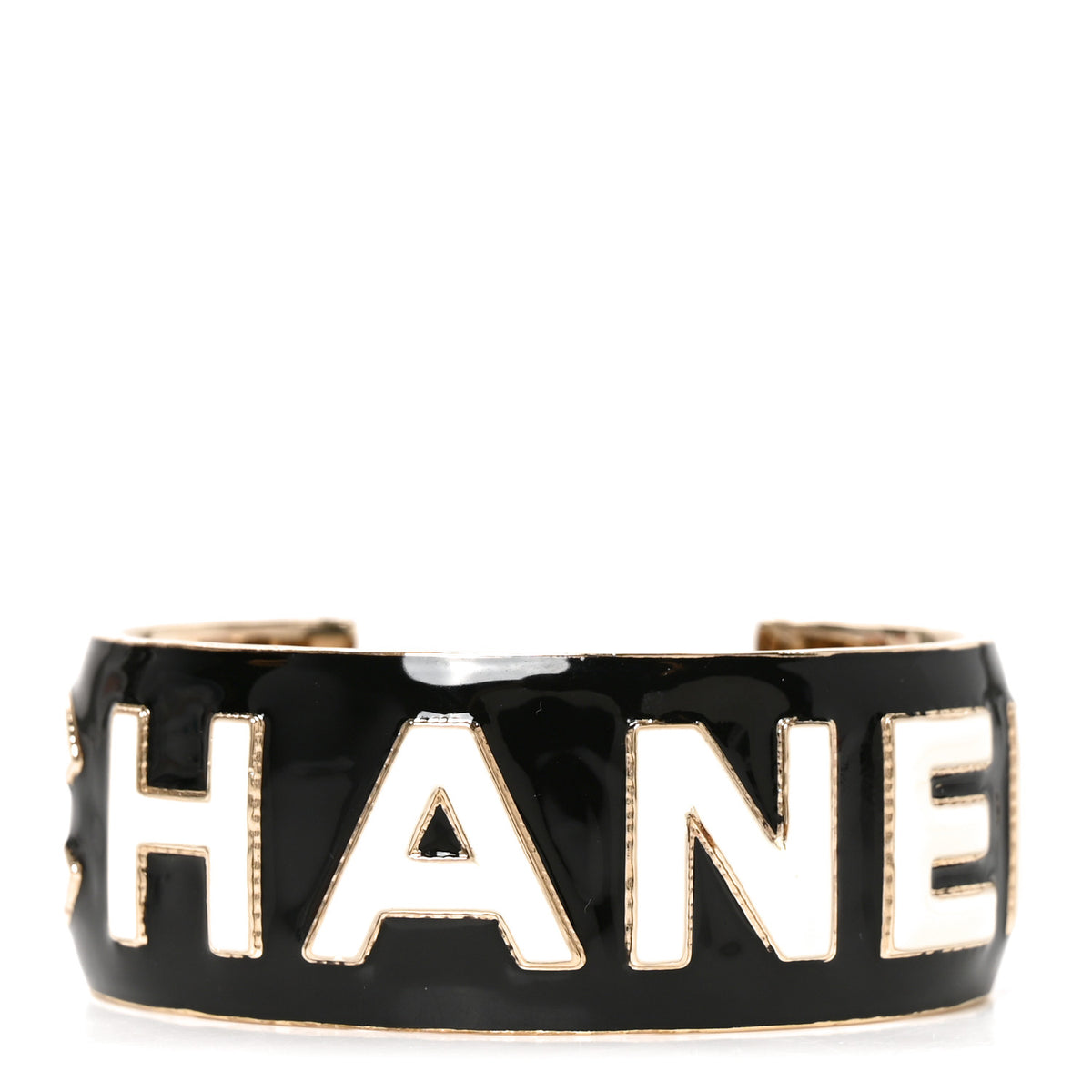 Metal Enamel Wide Chanel Logo Cuff Bracelet M Black White