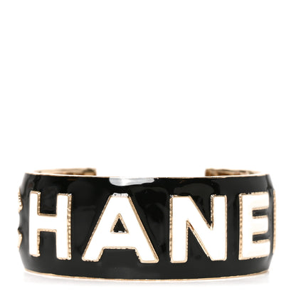 Chanel Metal Enamel Wide Chanel Logo Cuff Bracelet M Black White 1 of 4