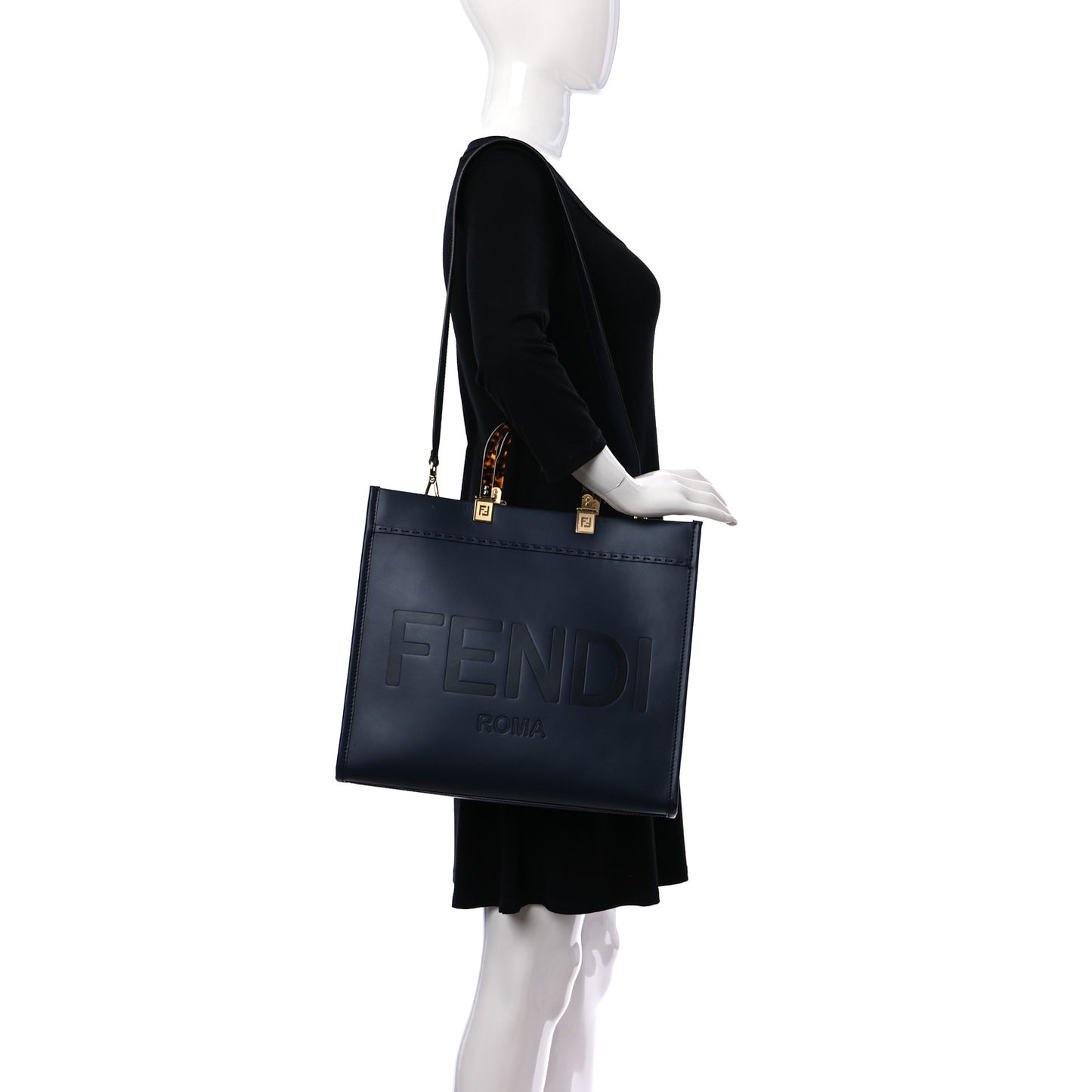 Vitello King Plexiglass Logo Embossed Medium Fendi Sunshine Shopper Tote Midnight