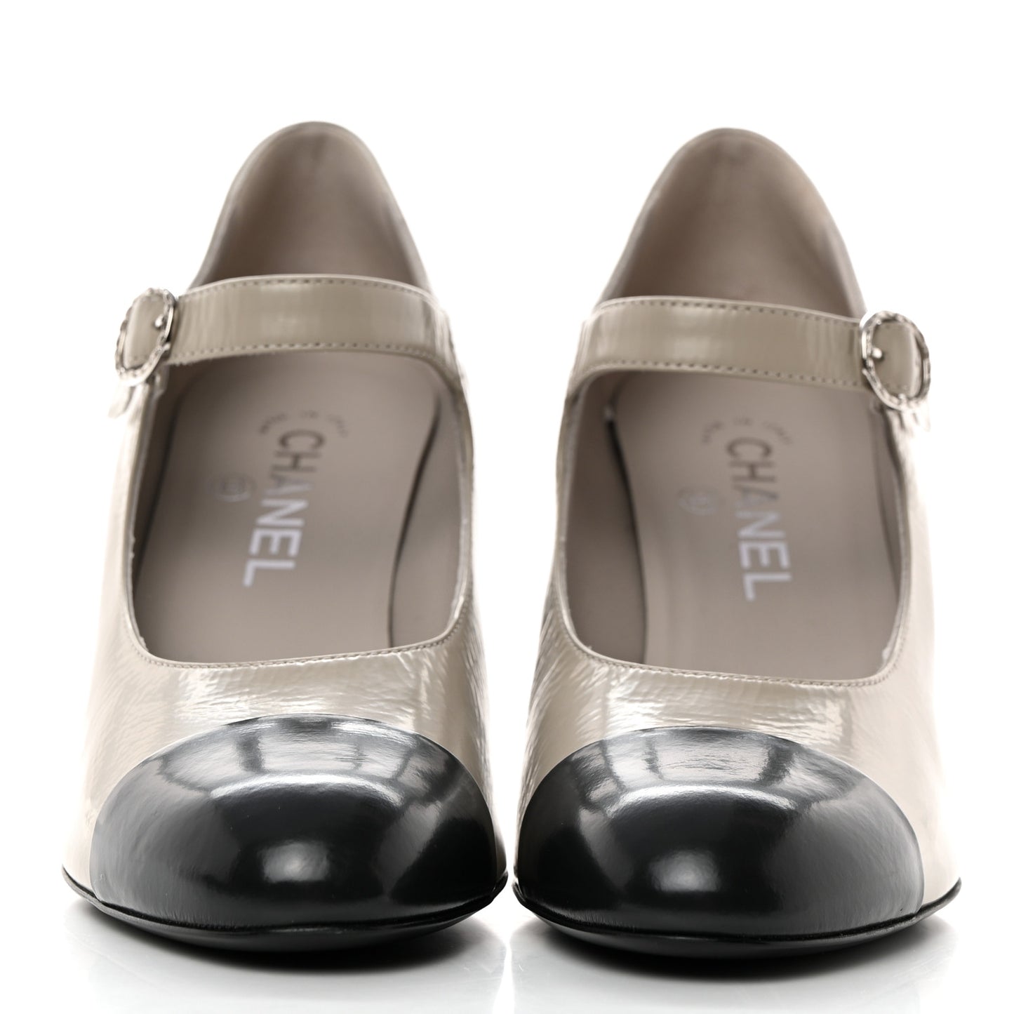 Shiny Goatskin Cap Toe Mary Jane Pumps 39 Grey Dark Grey