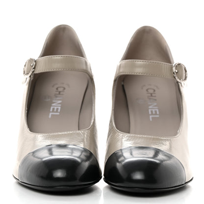 Chanel Shiny Goatskin Cap Toe Mary Jane Pumps 39 Grey Dark Grey 2 of 9