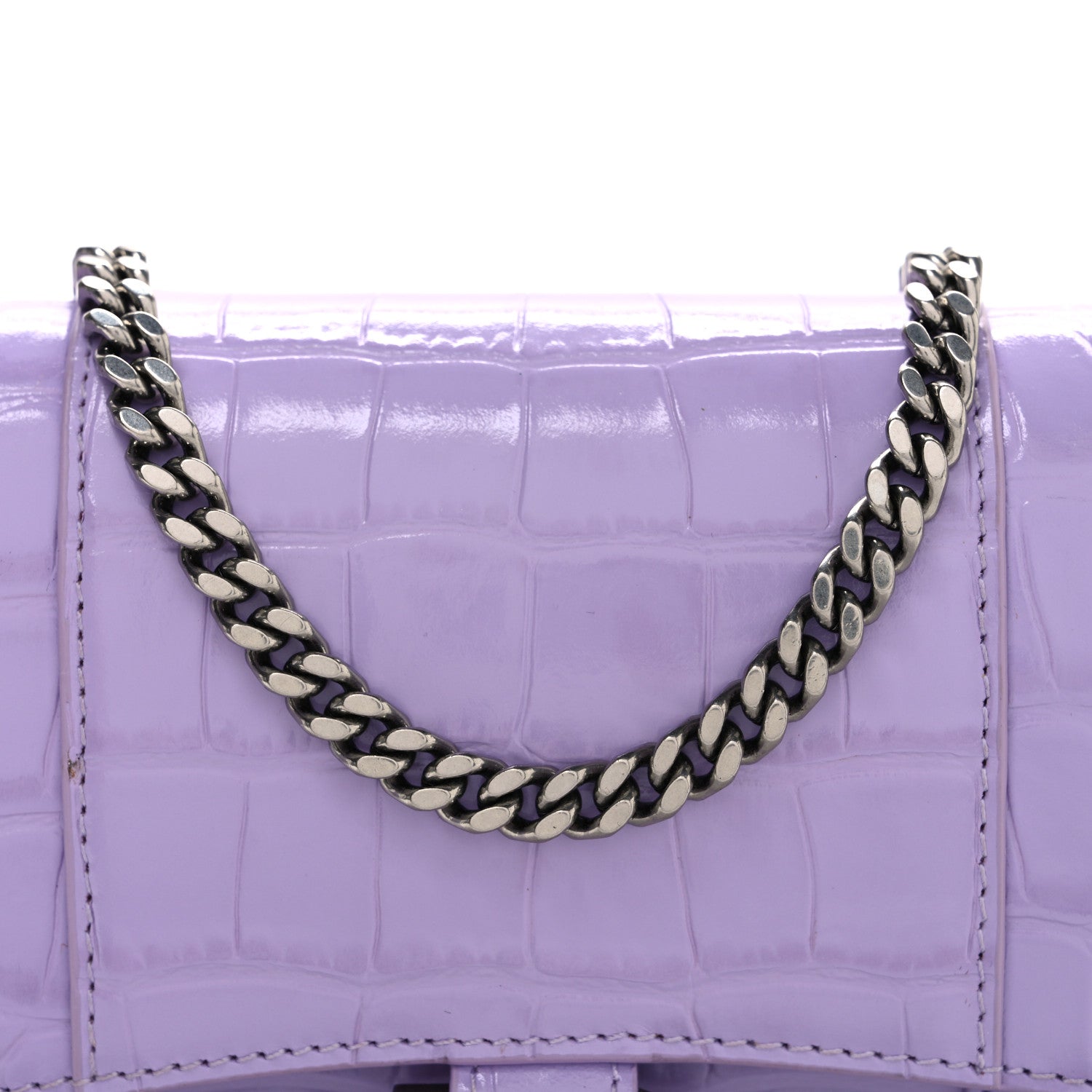 Balenciaga Shiny Calfskin Crocodile Embossed Hourglass Chain Bag Lilac 8 of 10