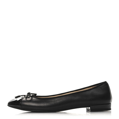 Prada Nappa Vernice Cap Toe Logo Bow Ballerina Flats 37.5 Black 1 of 9