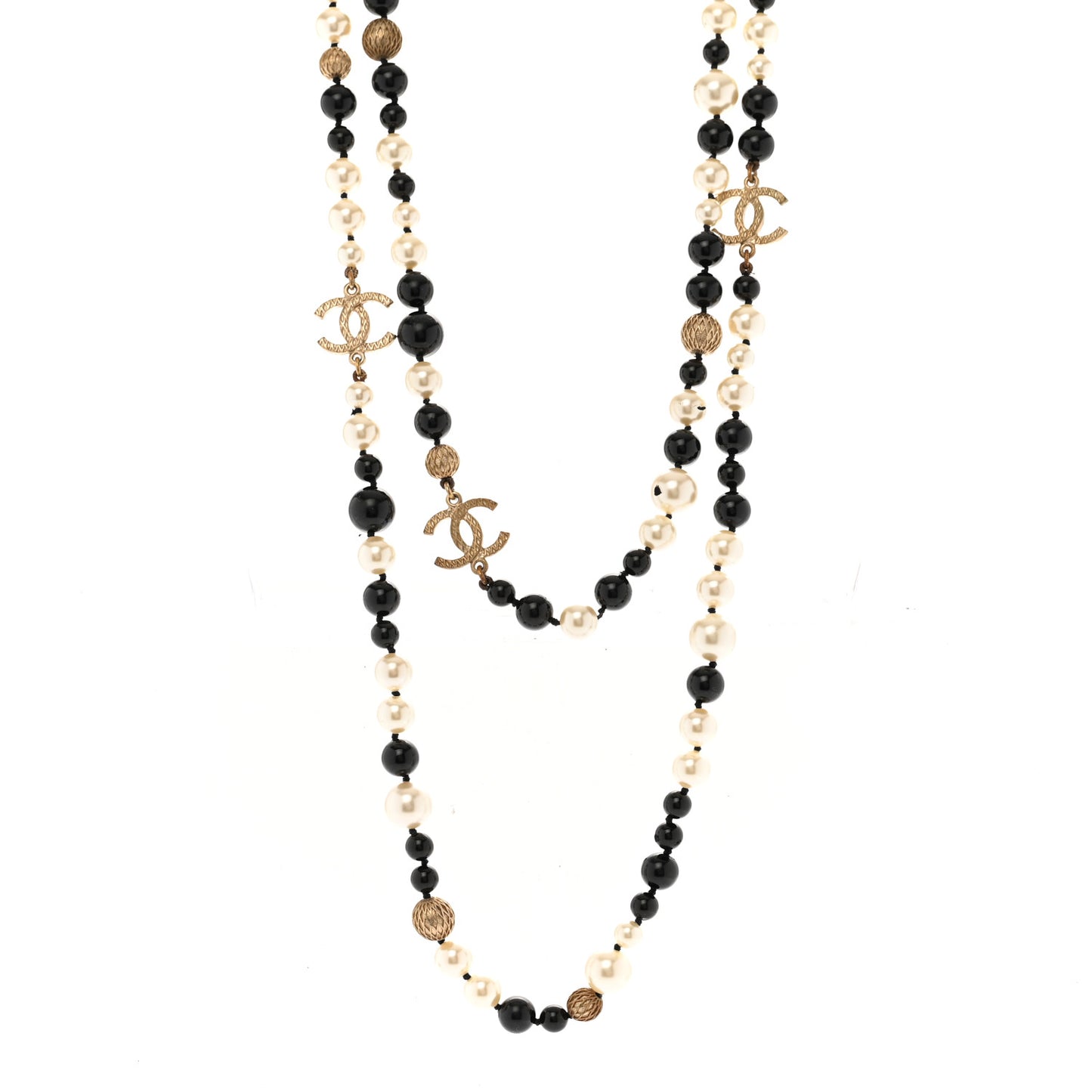 Metal Pearl Beaded Textured CC Long Necklace Gold Black White