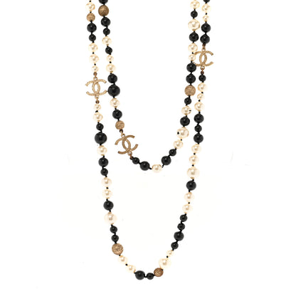 Chanel Metal Pearl Beaded Textured CC Long Necklace Gold Black White 1 of 6
