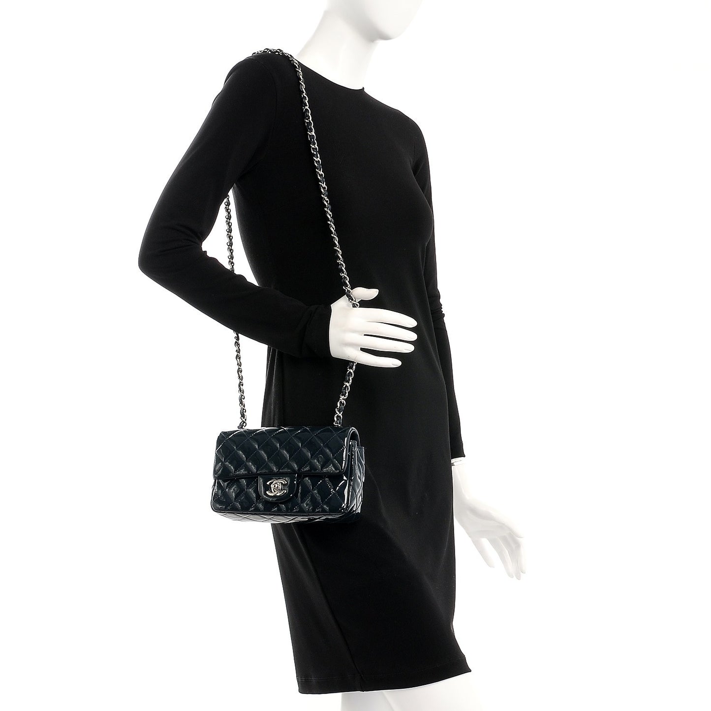 Patent Calfskin Quilted Mini Rectangular Flap Navy Blue