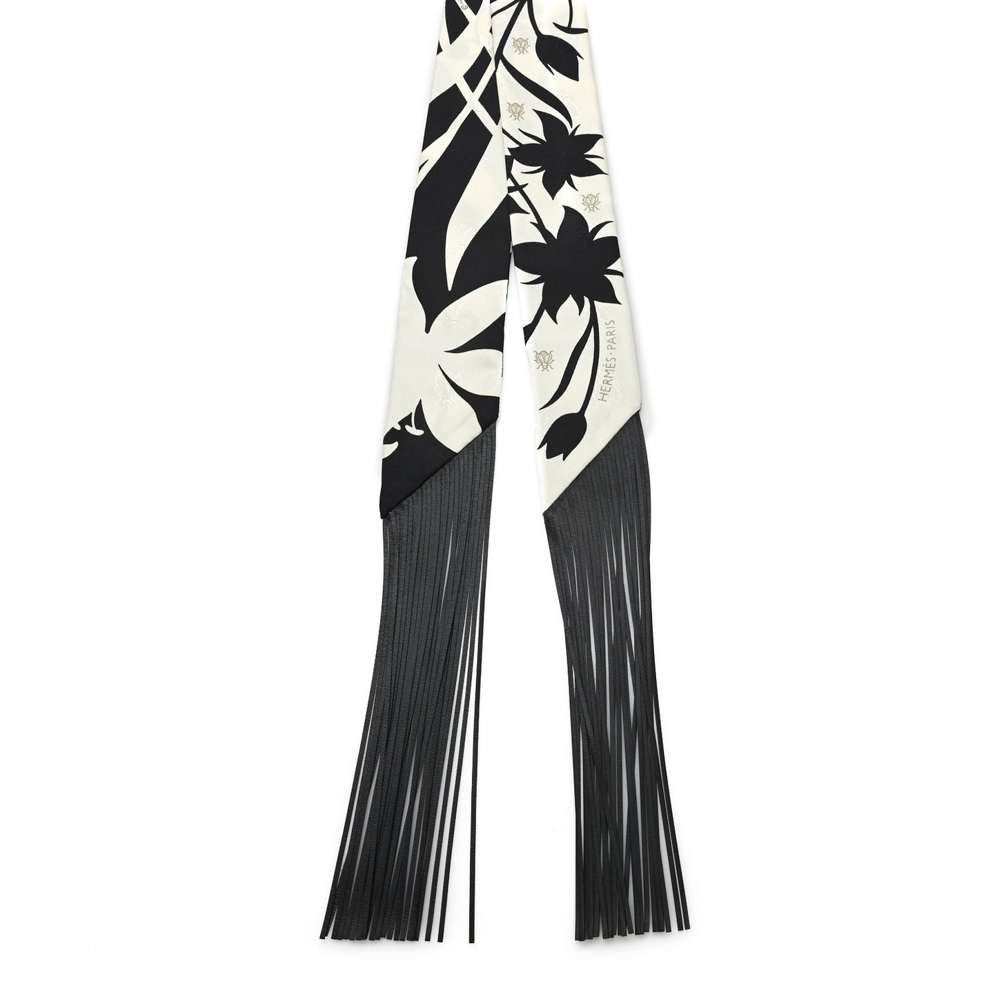 Silk Calfskin Bouquet Final Fringed Twilly Creme Black