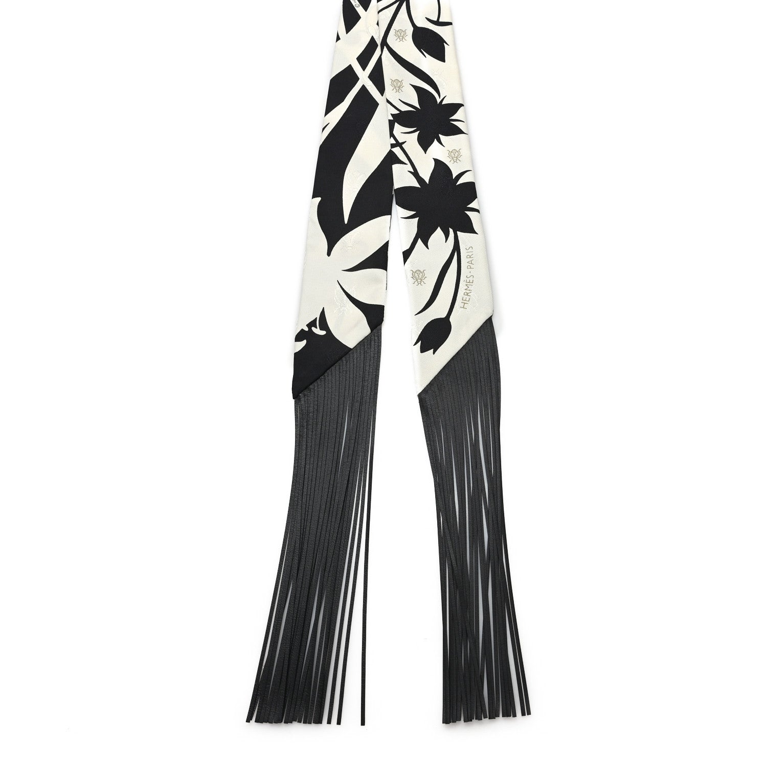 Hermes Silk Calfskin Bouquet Final Fringed Twilly Creme Black 2 of 3