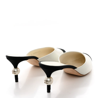 Chanel Patent Grosgrain Cap Toe Pearl Mule 37.5 White Black 4 of 11