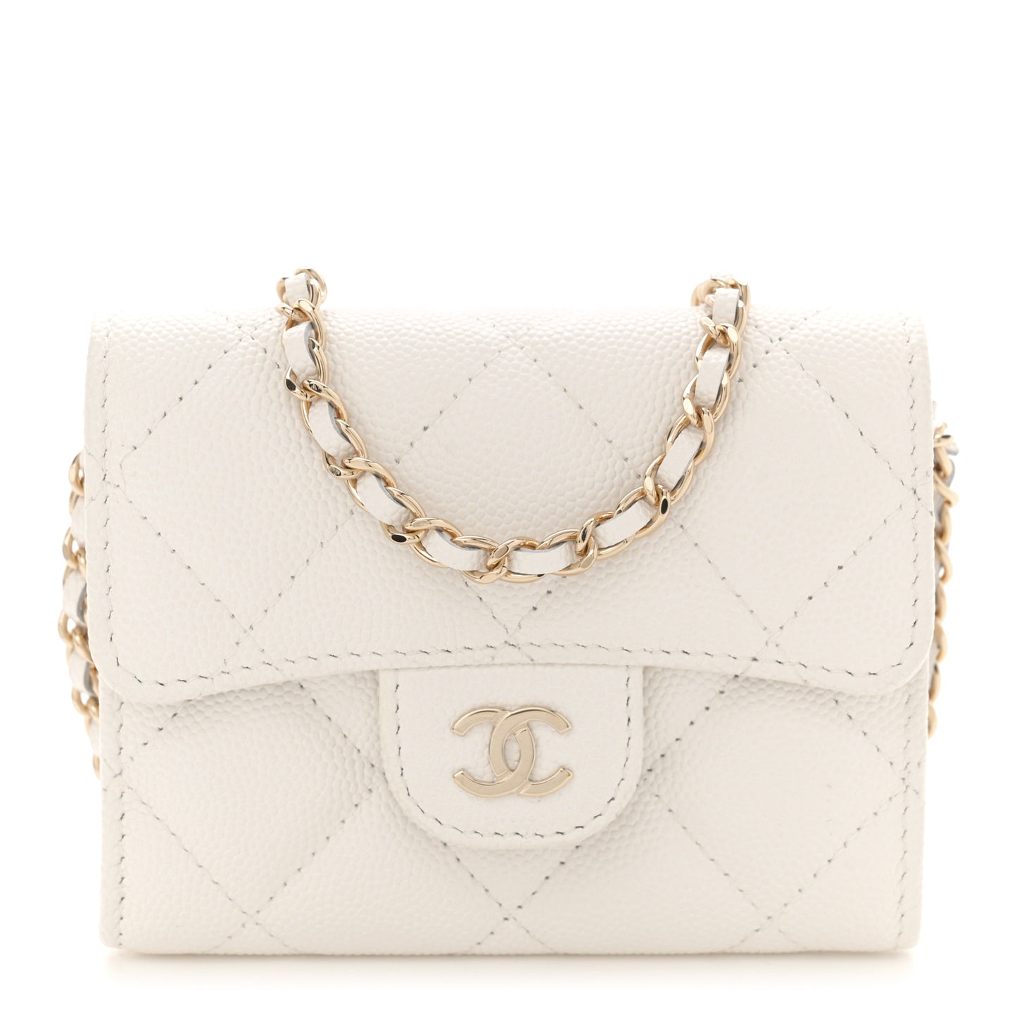 Caviar Quilted Flap Card Holder On Chain White