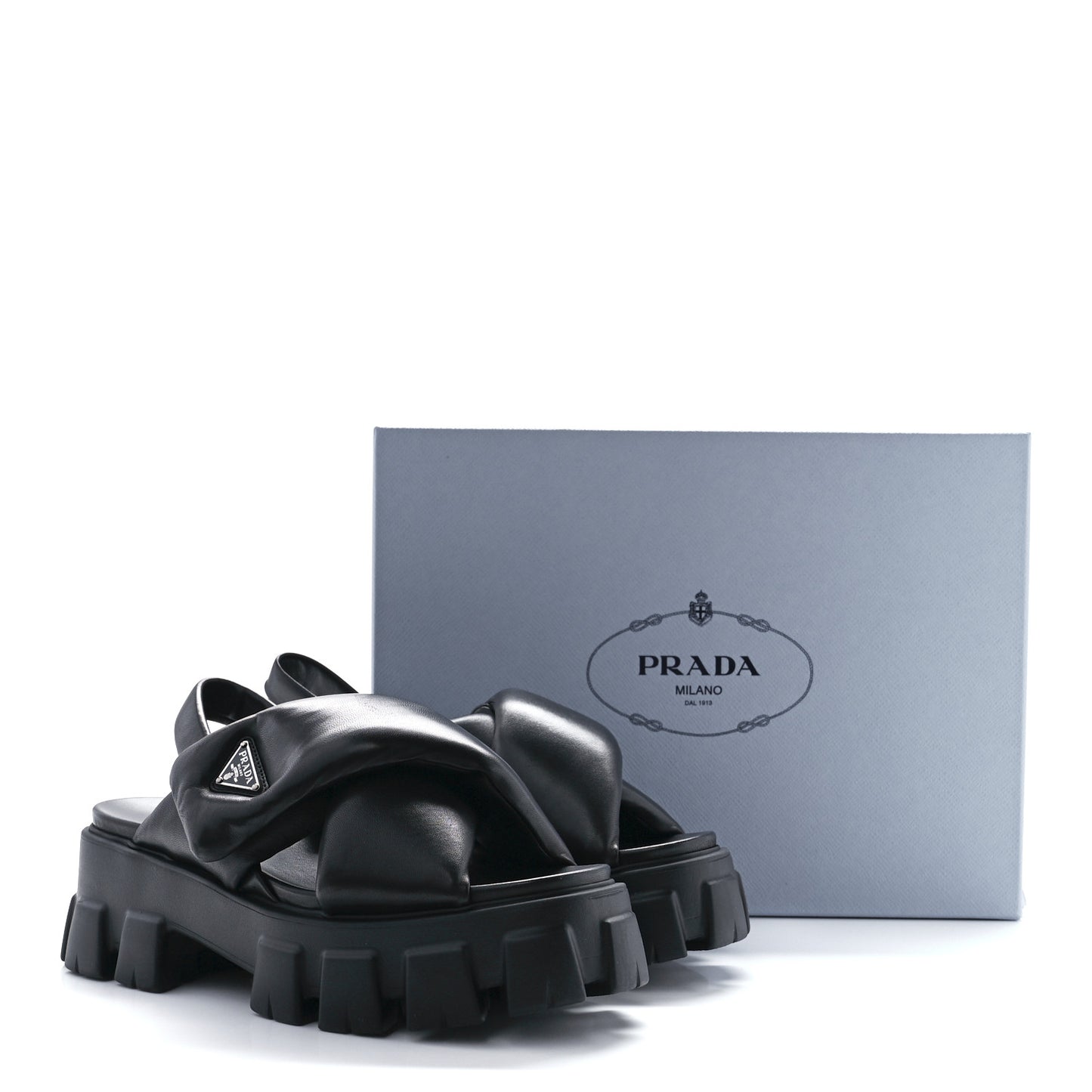 Nappa Soft Metal Triangle Logo Padded Monolith 55mm Slingback Sandals 40 Black