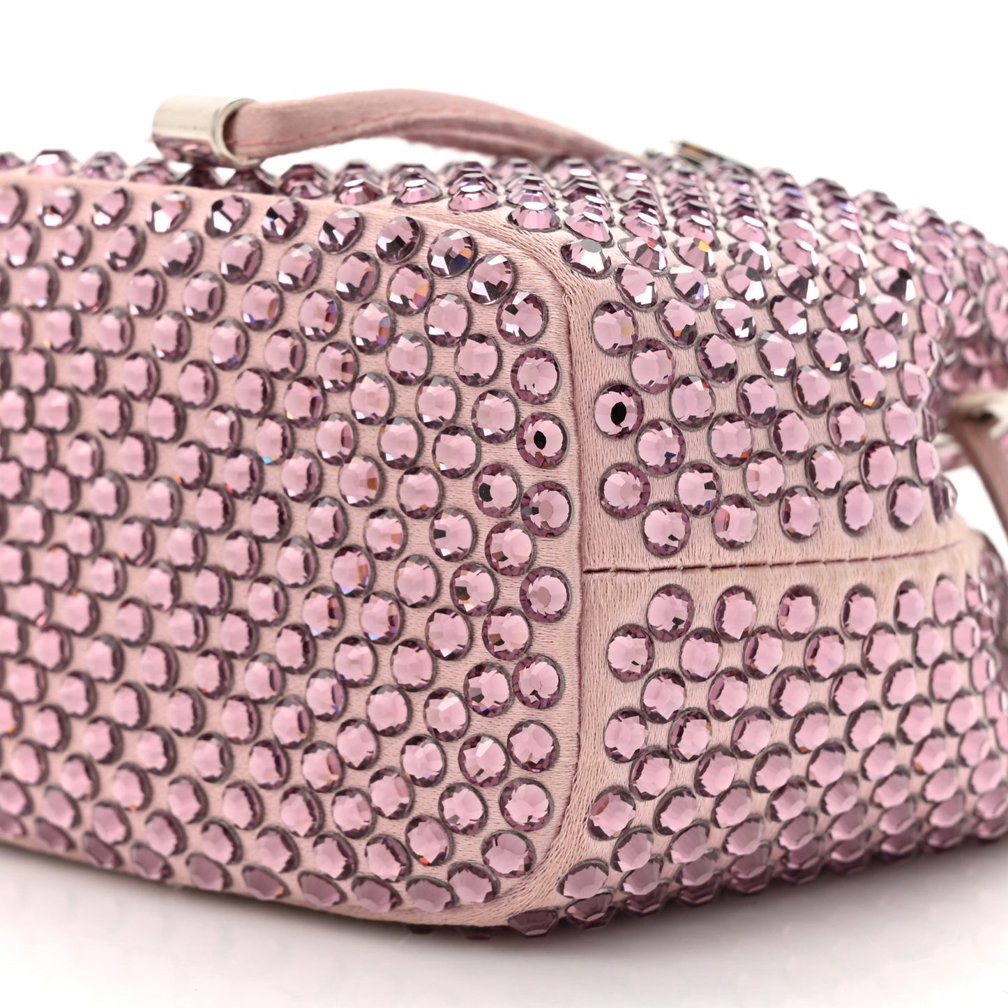 Satin Crystal Metal Triangle Logo Mini Drawcord Pouch Shoulder Bag Alabastro
