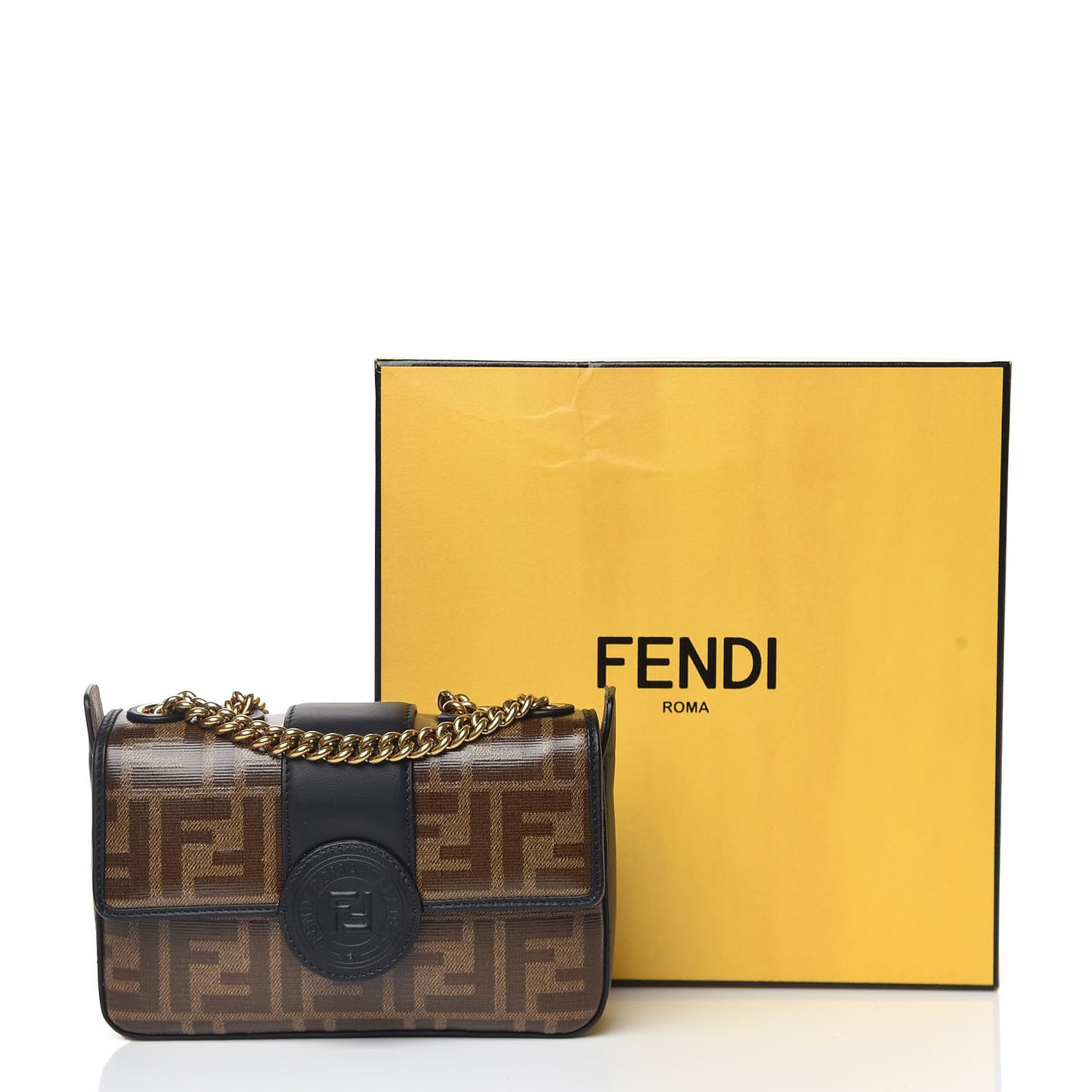 Glazed Fabric Vitello Century FF 1974 Stamp Patch Mini Double F Crossbody Bag Mogano Panna Black