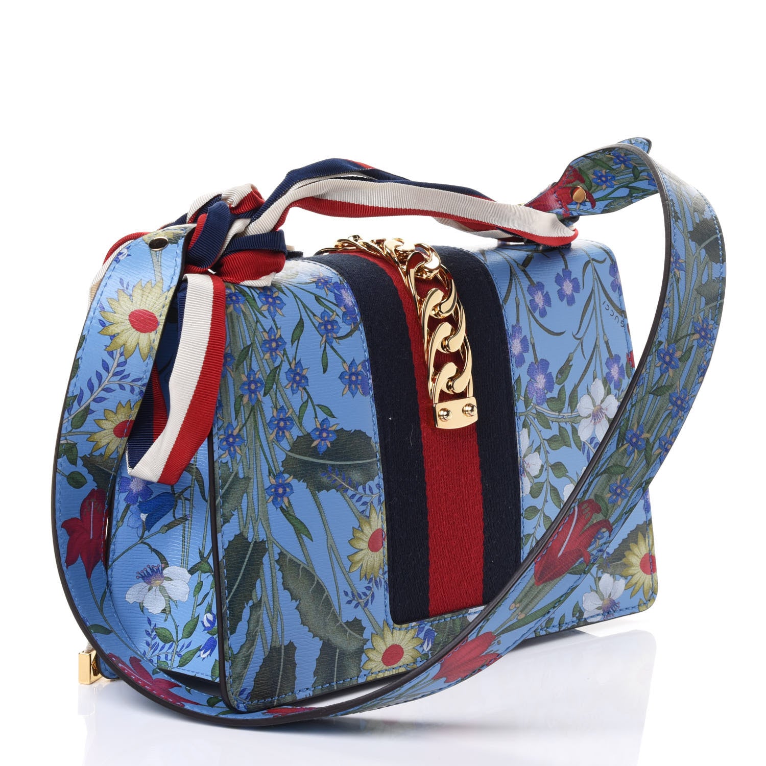 Gucci Shangai Calfskin Web New Flora Small Sylvie Shoulder Bag Azure 2 of 4