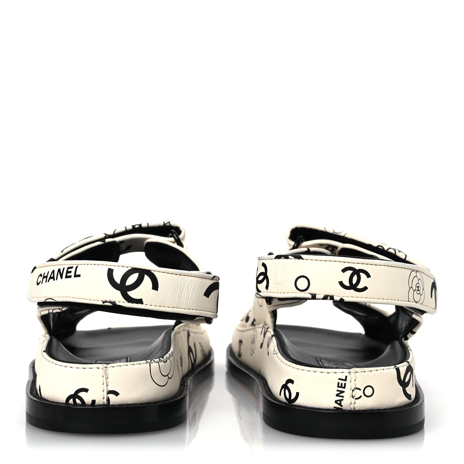 Chanel Lambskin Printed CC Velcro Dad Sandals 37.5 White Black