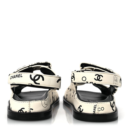 Chanel Lambskin Printed CC Velcro Dad Sandals 37.5 White Black 6 of 14
