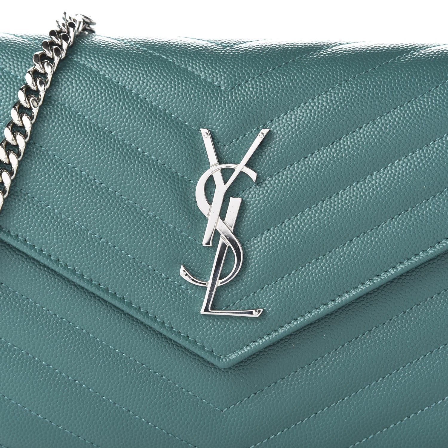 Saint Laurent Grain De Poudre Matelasse Chevron Monogram Chain Wallet Malachite 9 of 10