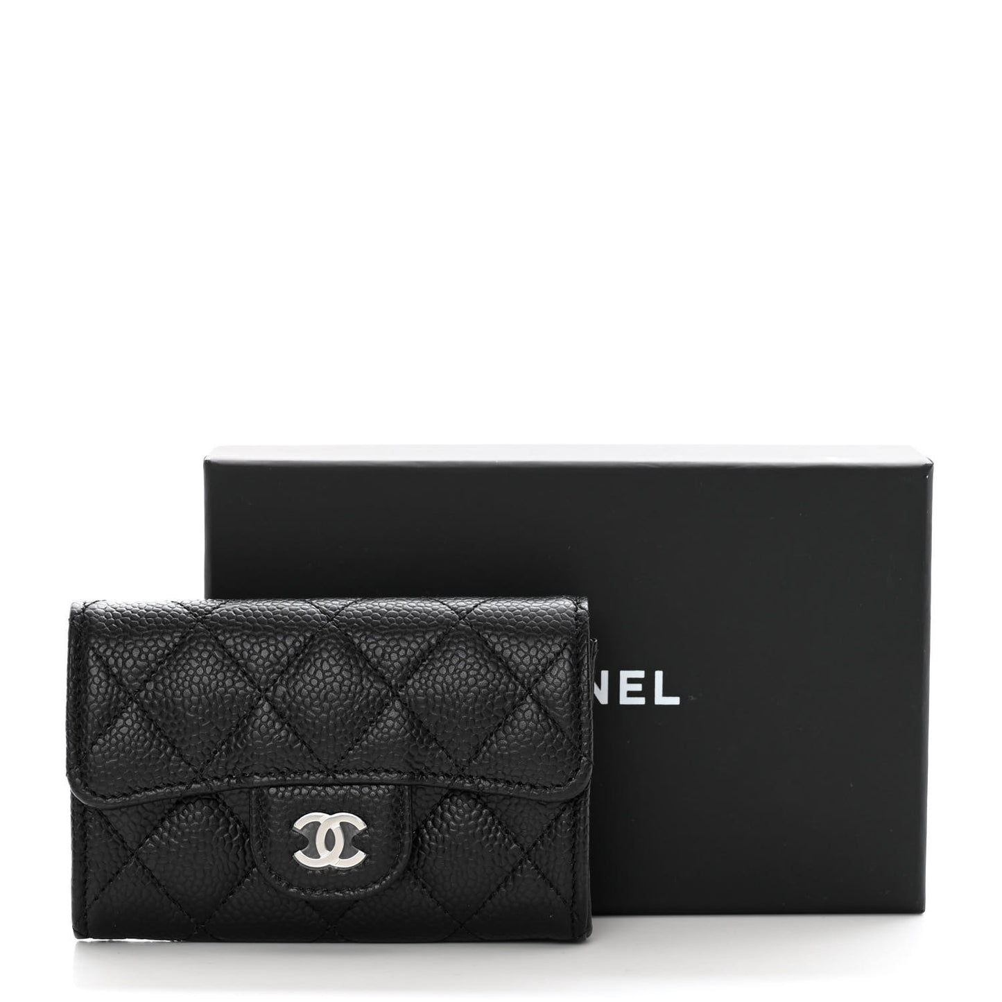 Caviar Quilted Flap Card Holder Wallet Black