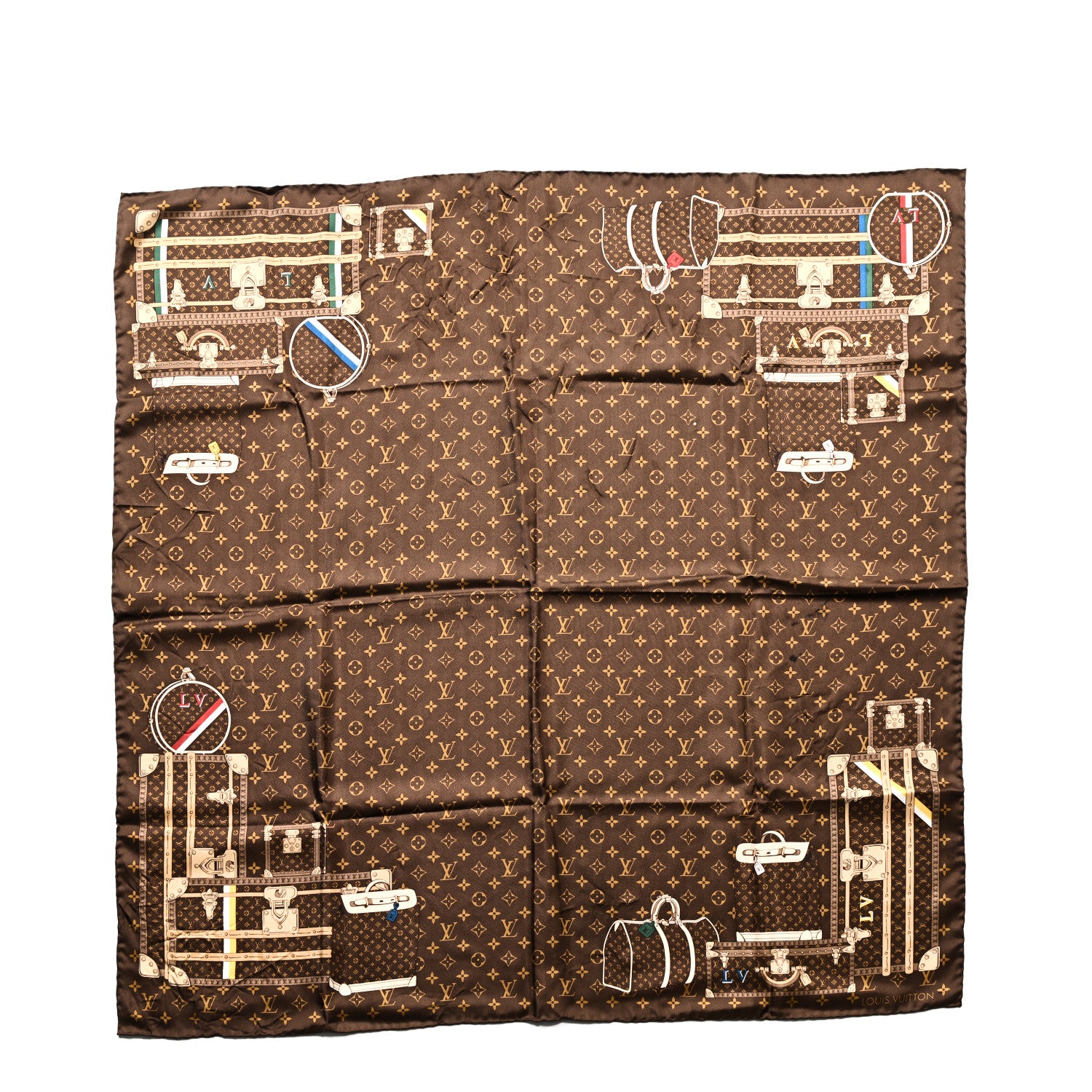 Louis Vuitton Silk Monogram Trunks Square Scarf Marroon 1 of 4