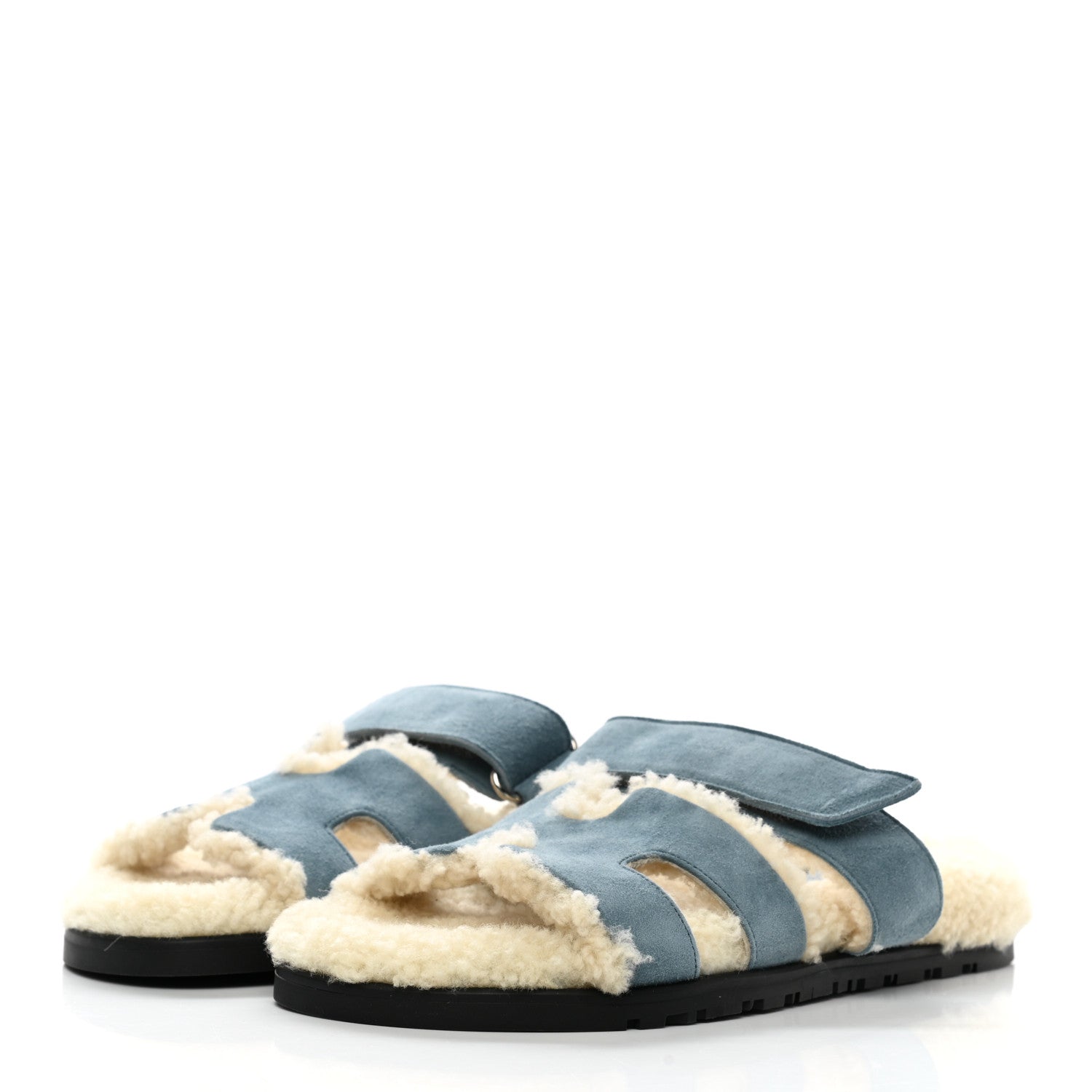 Hermes Suede Goatskin Woolskin Womens Chypre Sandals 36 Bleu Pinede 3 of 9