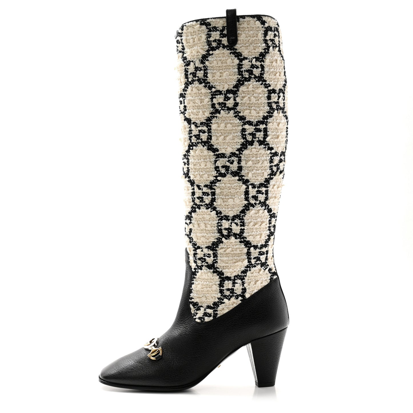 Tweed GG Monogram Wrinkled Kid Zumi Knee Boots 39 Natural Black