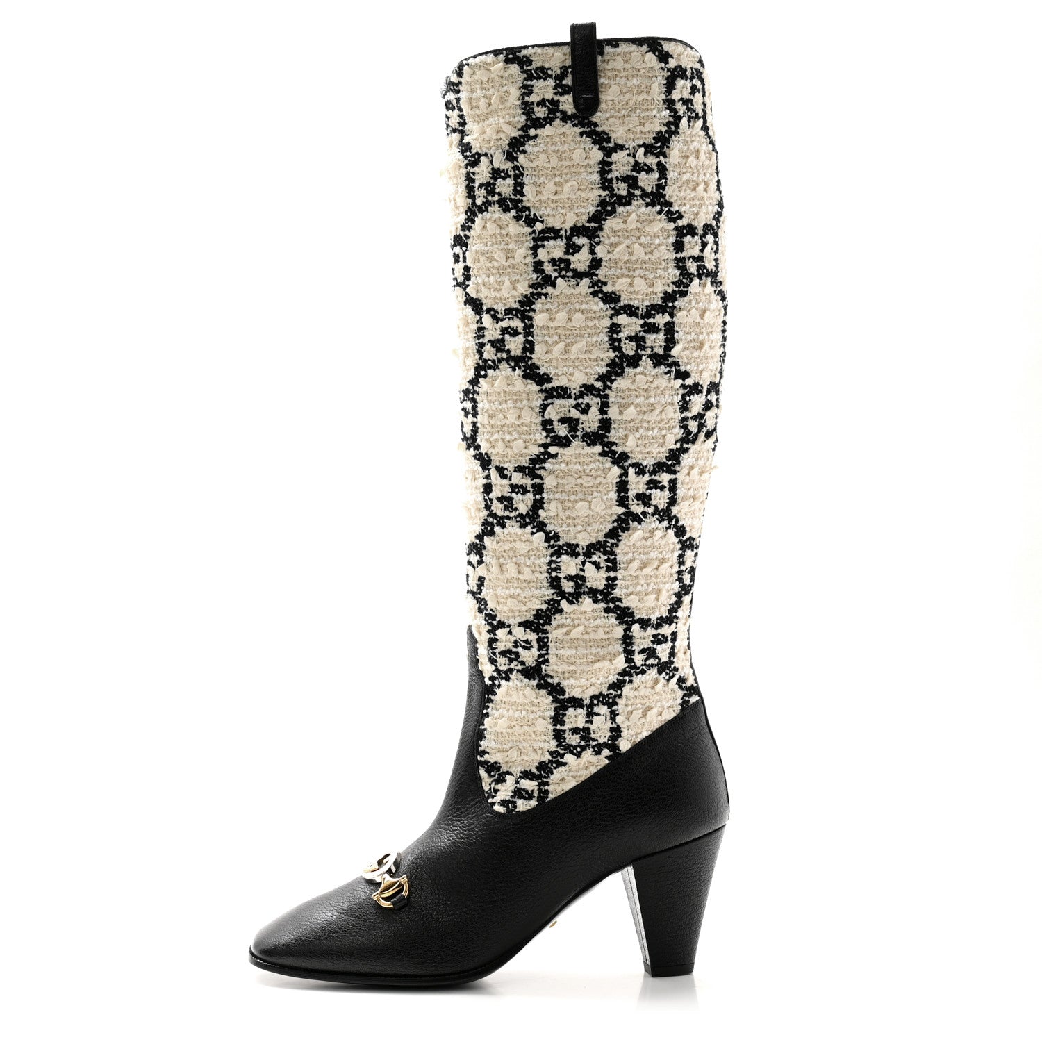 Gucci Tweed GG Monogram Wrinkled Kid Zumi Knee Boots 39 Natural Black 1 of 8