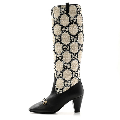 Gucci Tweed GG Monogram Wrinkled Kid Zumi Knee Boots 39 Natural Black 1 of 8