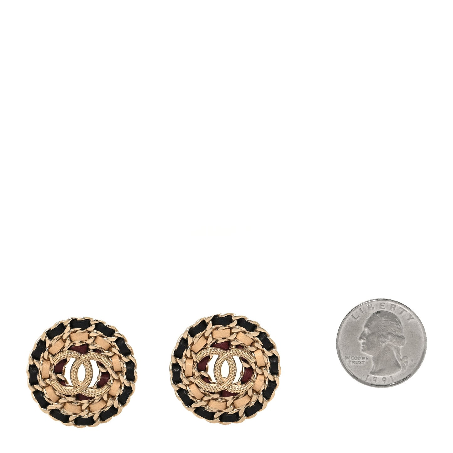 Metal Lambskin CC Round Earrings Black Gold