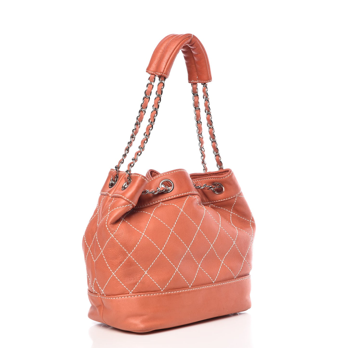 Lambskin Contrast Stitch Small Drawstring Tote Coral
