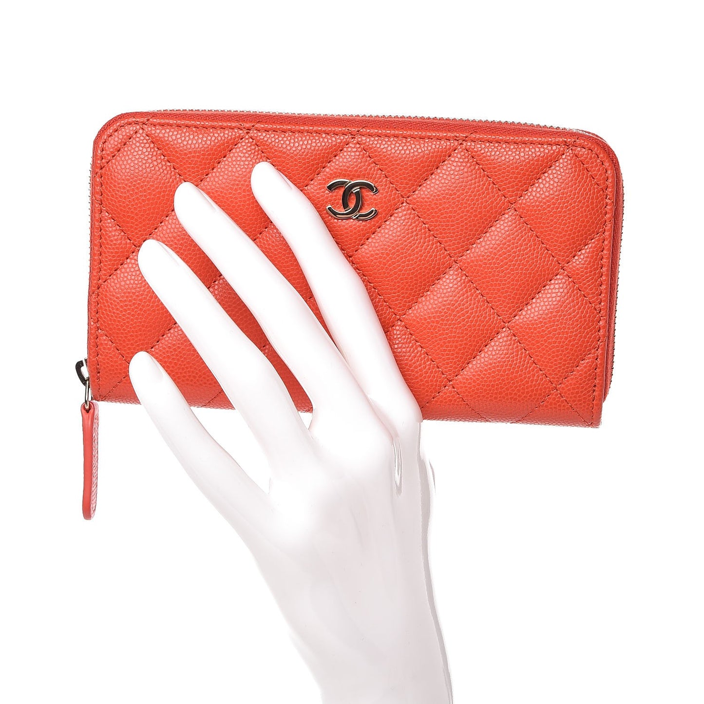 Iridescent Caviar Quilted Small Zip Around Wallet Orange
