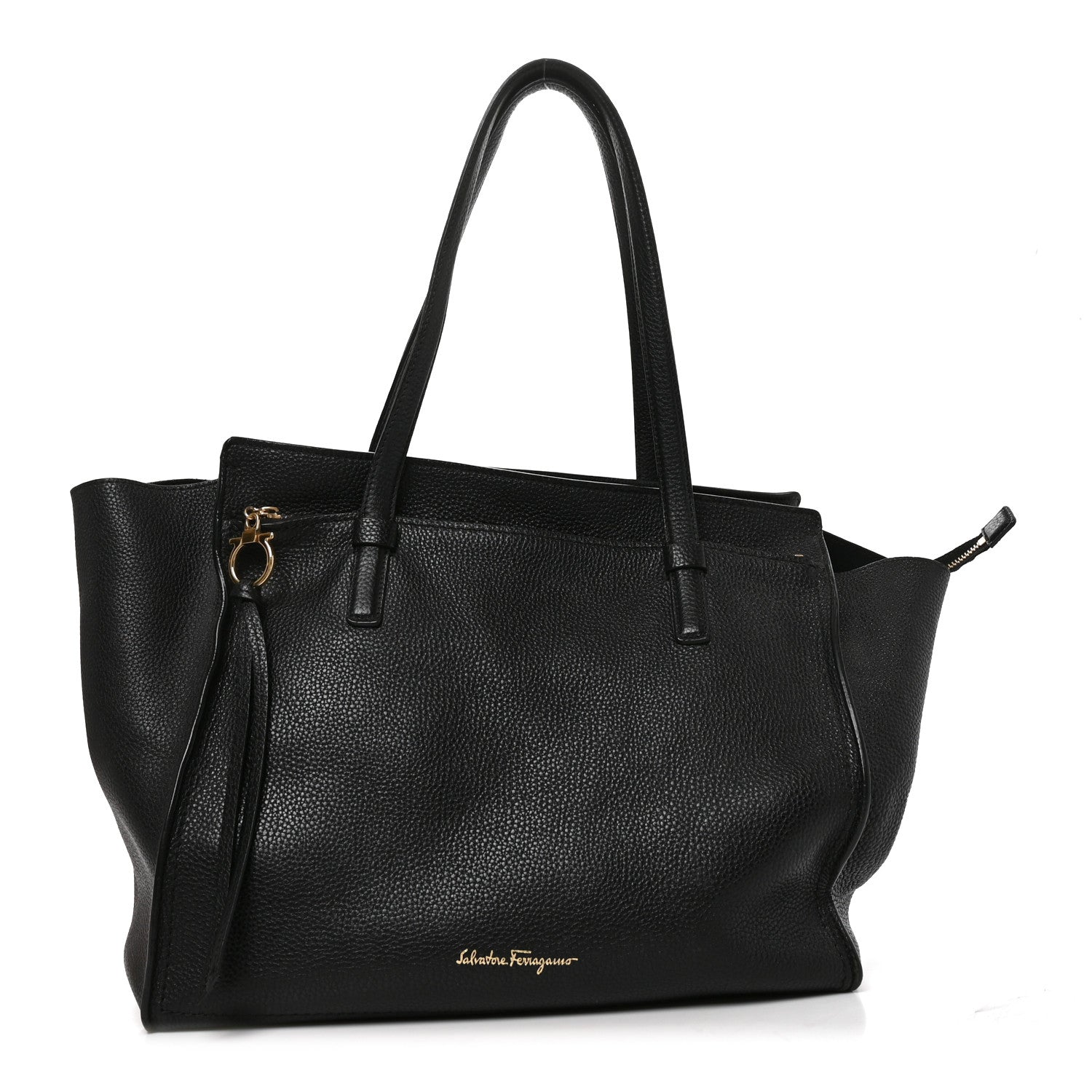 Salvatore Ferragamo Hammered Calfskin Double Handle Medium Amy Tote Black 1 of 9