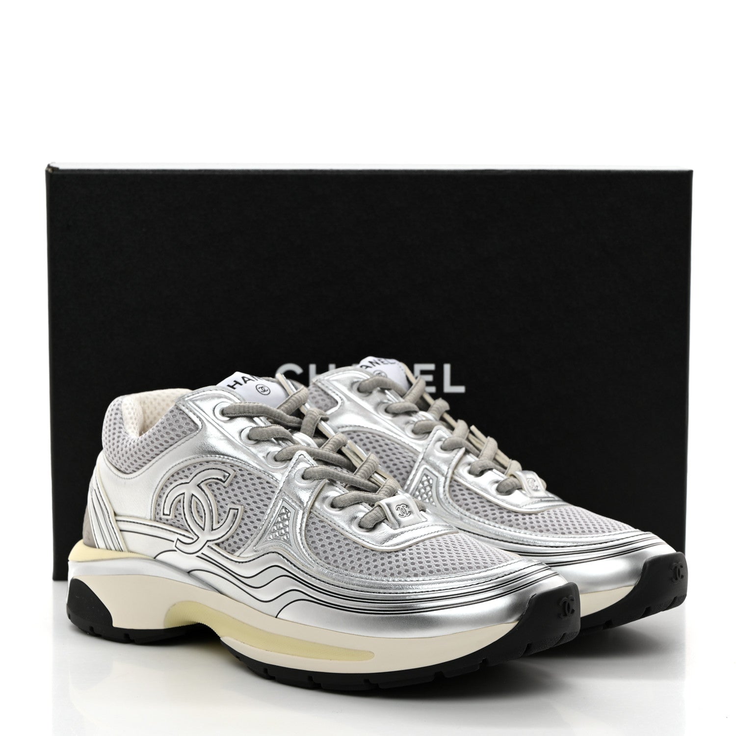 Chanel Fabric Laminated Calfskin Stretch CC Sneakers 39 White Silver 9 of 9