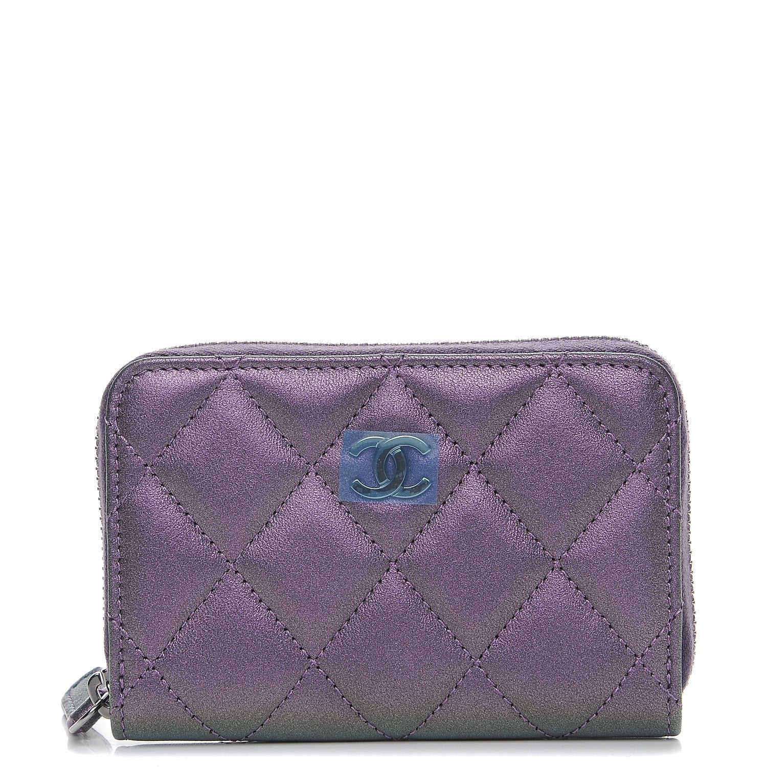 Chanel Metallic Lambskin Quilted Zip Around Coin Purse Wallet Dark Purple 1 of 8
