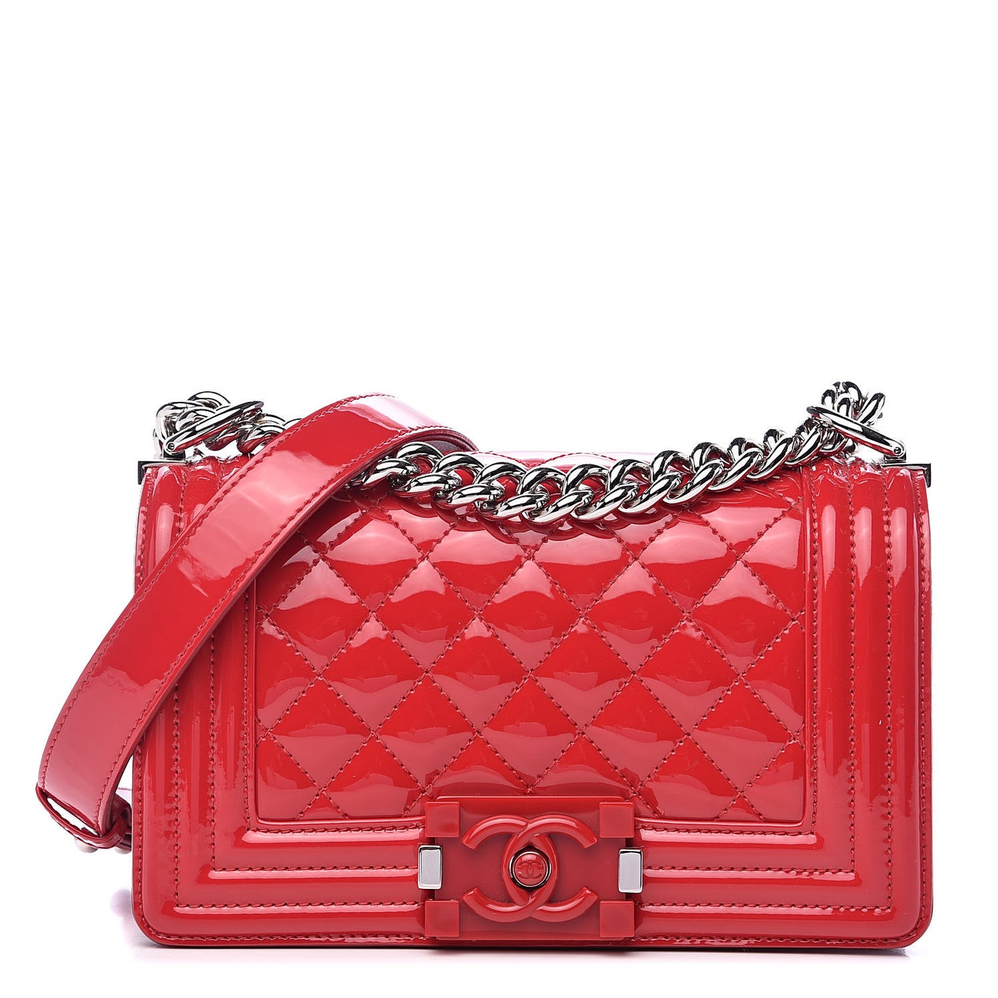 Patent Calfskin Quilted Small Plexiglass Boy Flap Red