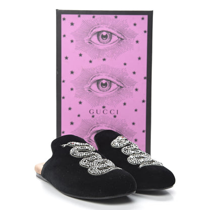 Gucci Velvet Crystal Snake Embroidered Womens Slippers 37.5 Black 11 of 11