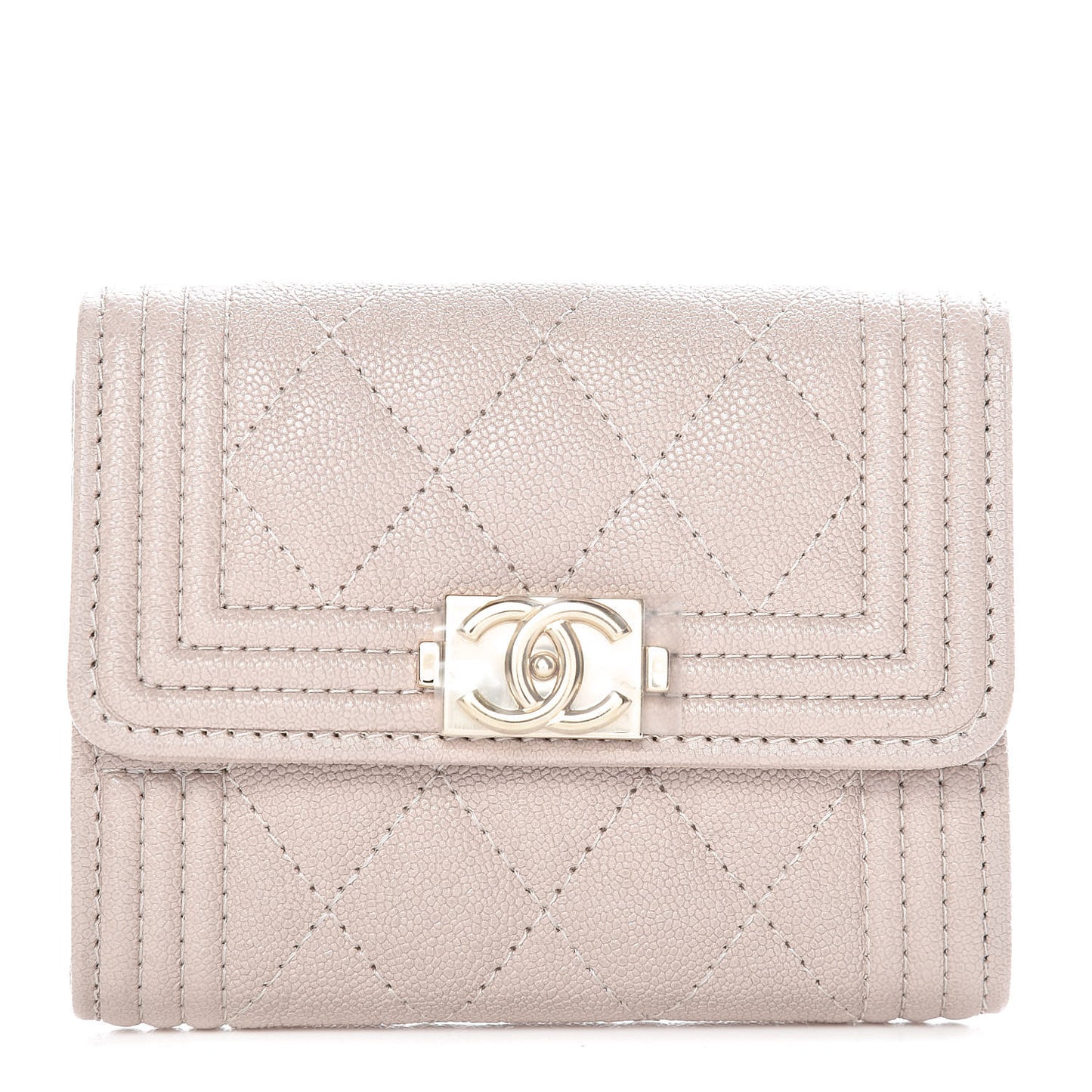 Iridescent Caviar Quilted Boy Card Holder Wallet Beige