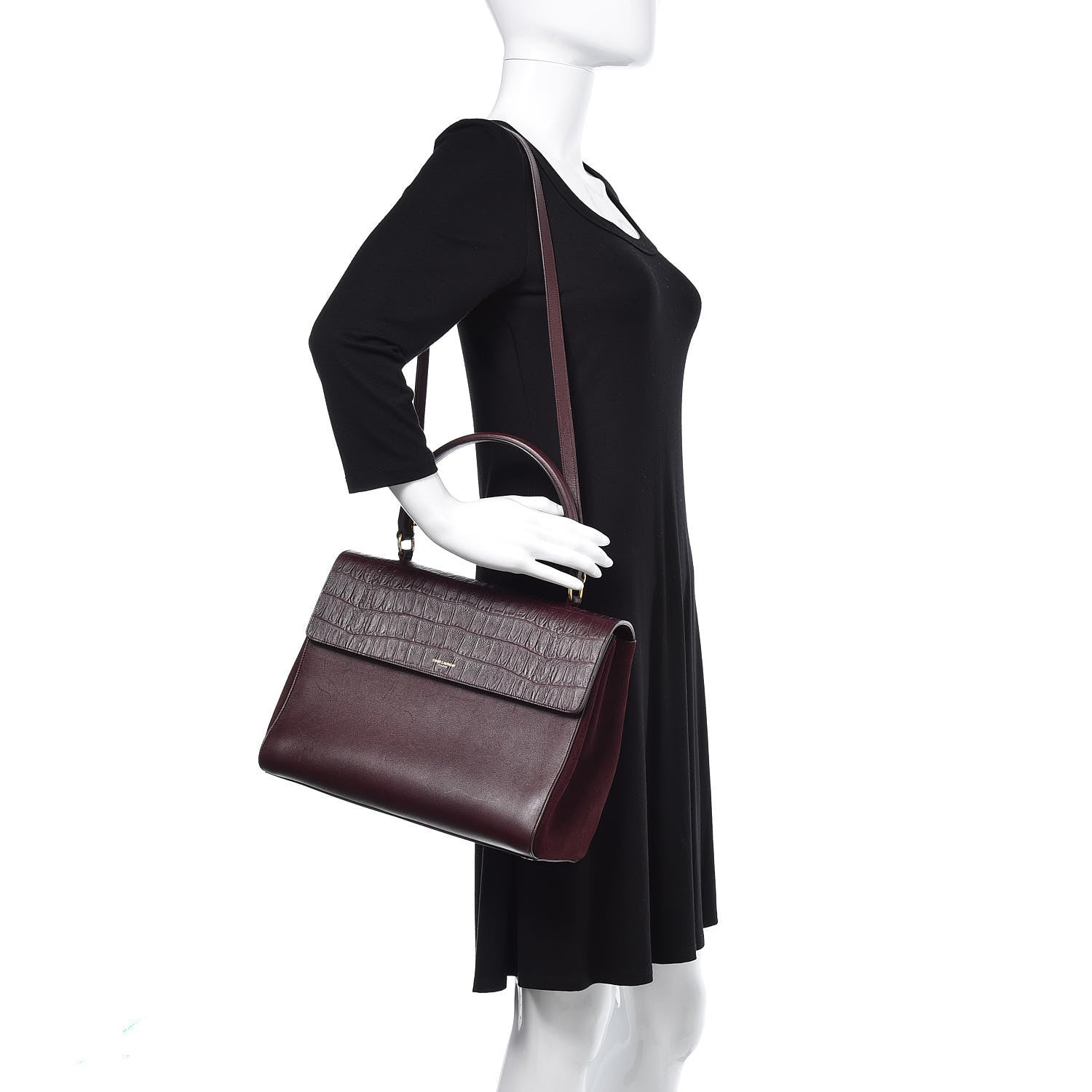 Saint Laurent Calfskin Crocodile Embossed Medium Moujik Top Handle Bag Amarena 2 of 14