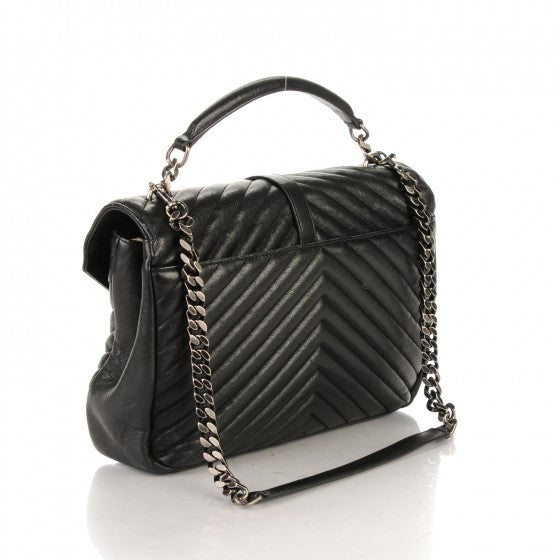 Sheepskin Matelasse Chevron Monogram Large College Satchel Black