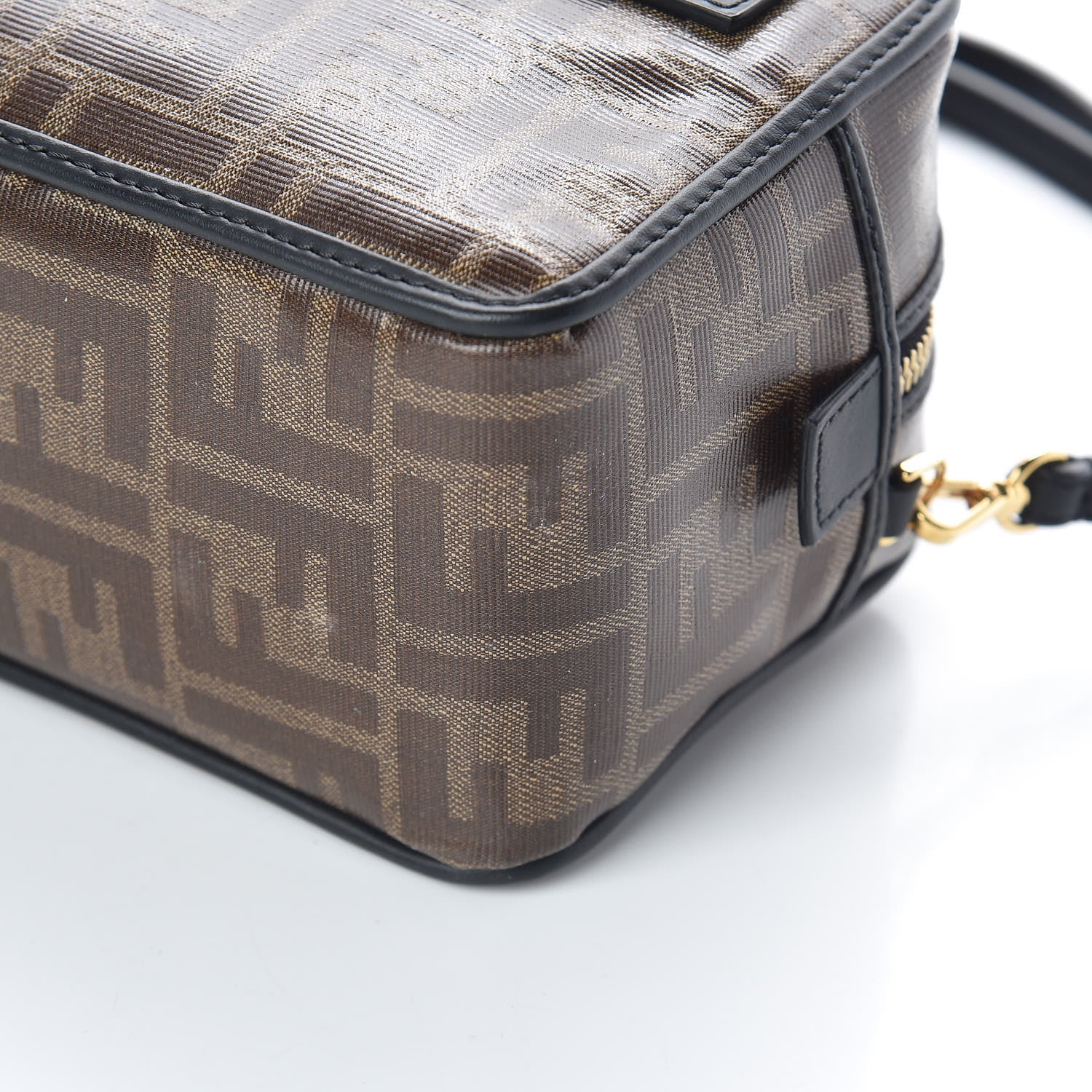 Fendi Glazed Fabric Vitello Century FF 1974 Stamp Patch Mini Boston Box Bag Mogano Panna Black 10 of 10