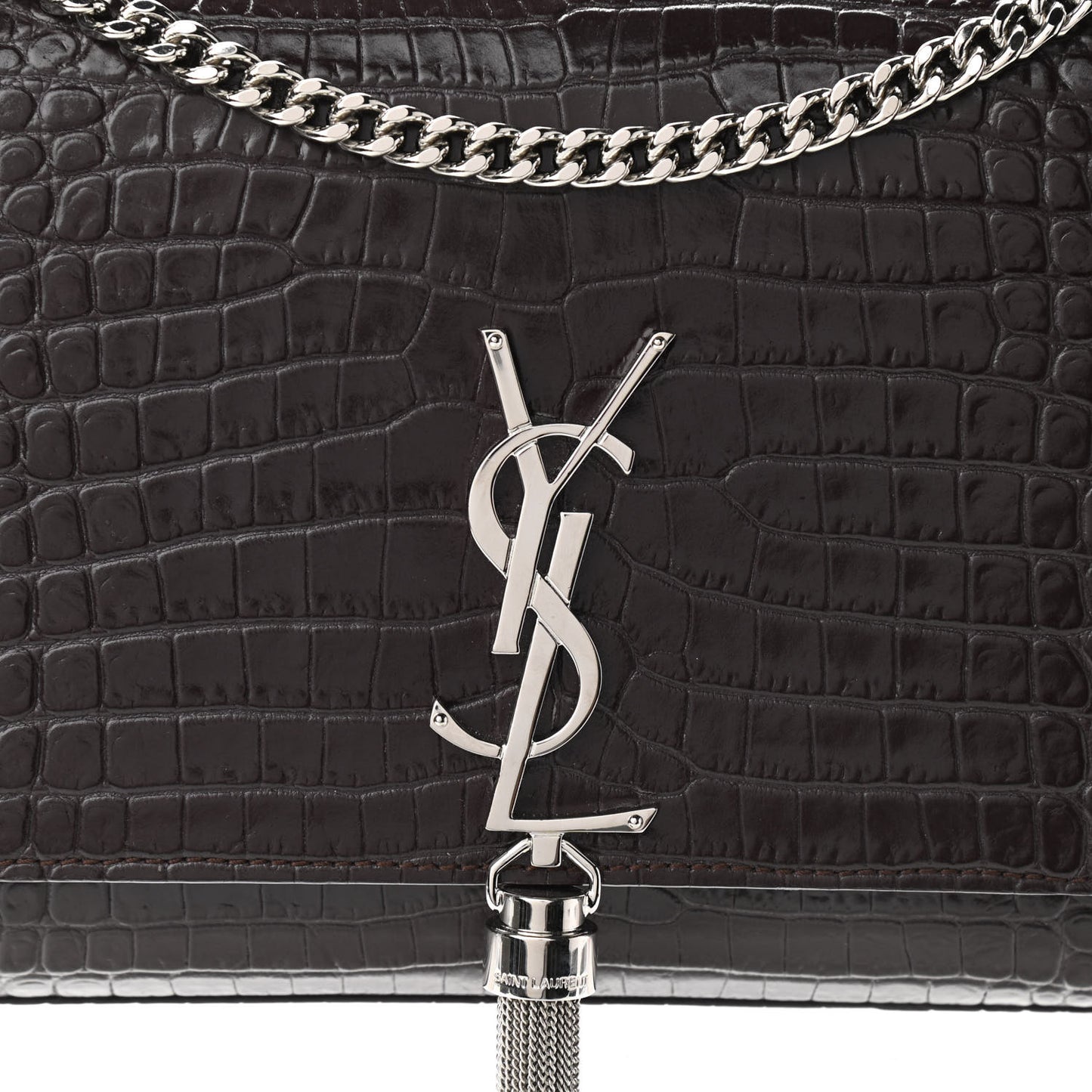 Calfskin Crocodile Embossed Medium Classic Monogram Kate Tassel Satchel Dark Brown