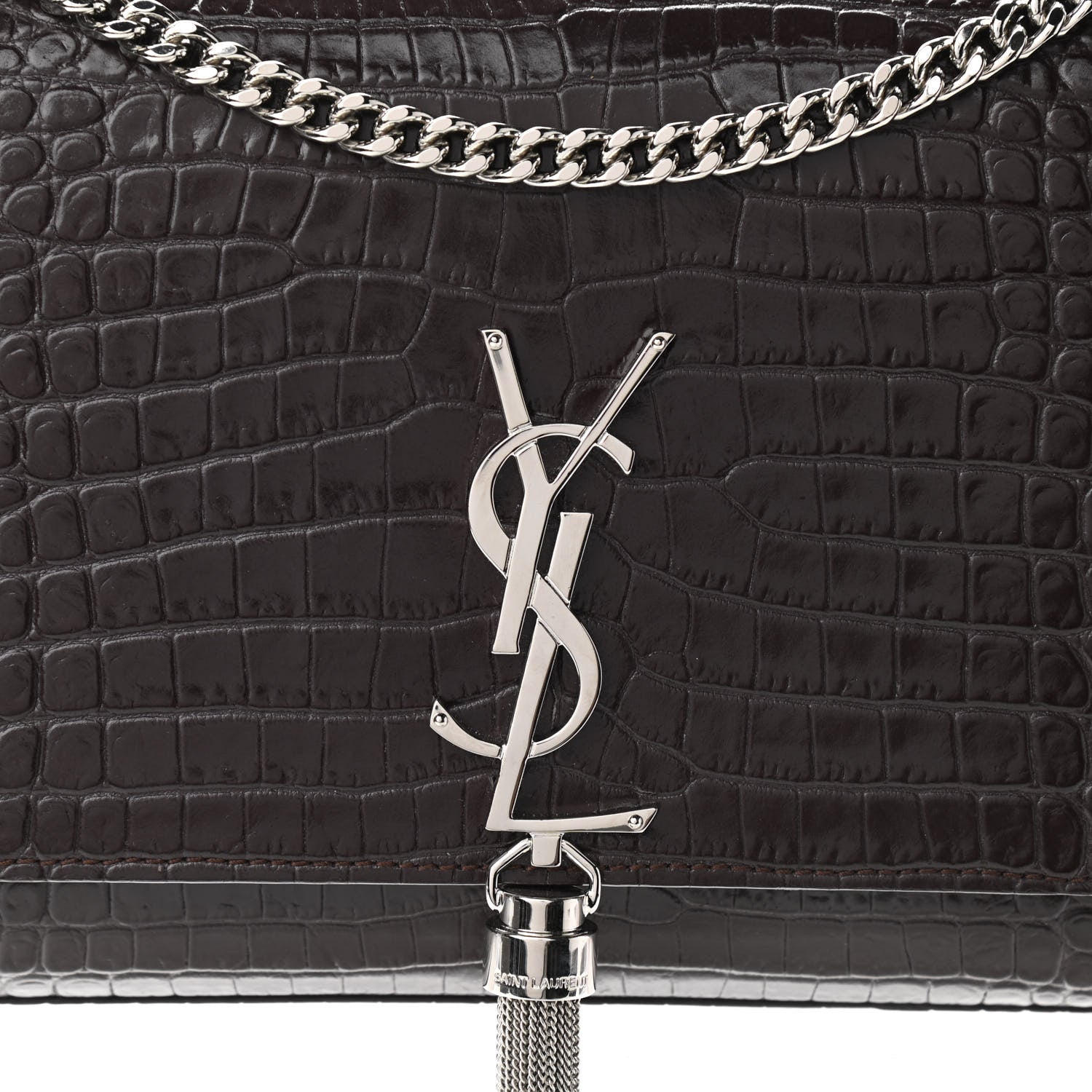 Saint Laurent Calfskin Crocodile Embossed Medium Classic Monogram Kate Tassel Satchel Dark Brown 6 of 8