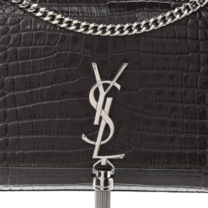Saint Laurent Calfskin Crocodile Embossed Medium Classic Monogram Kate Tassel Satchel Dark Brown 6 of 8