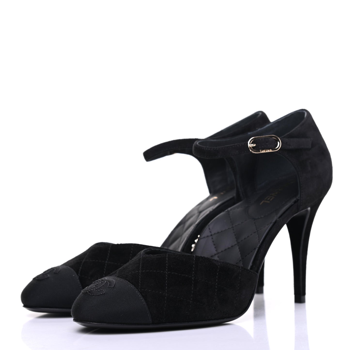 Suede Grosgrain Cap Toe CC Ankle Strap Pumps 39 Black