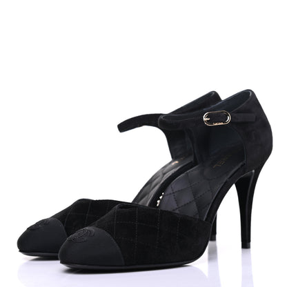 Chanel Suede Grosgrain Cap Toe CC Ankle Strap Pumps 39 Black 3 of 9