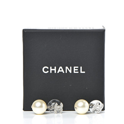 Chanel Crystal Pearl CC Drop Earrings Silver Pearly White 5 of 5